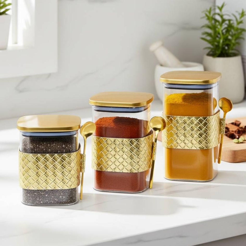 [AF1843-4] Lot de 3 Boite En verre avec Couvercle Doré