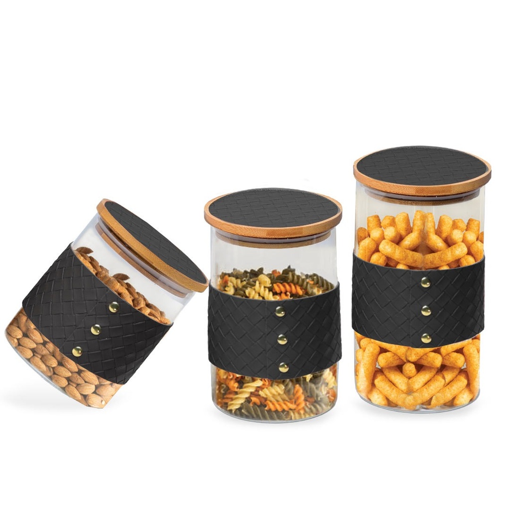 Lot de 3 Boite En verre avec Couvercle en Bois Bambou