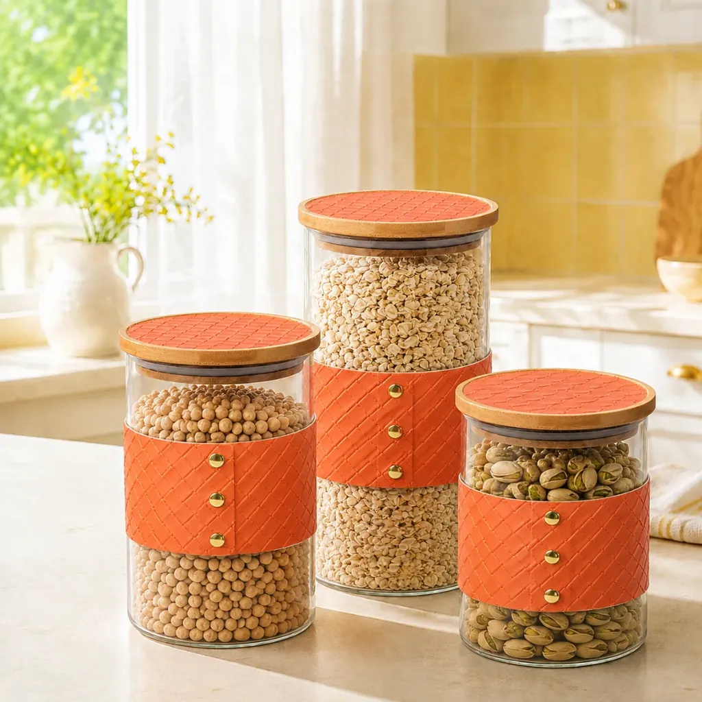 Lot de 3 Boite En verre avec Couvercle en Bois Bambou