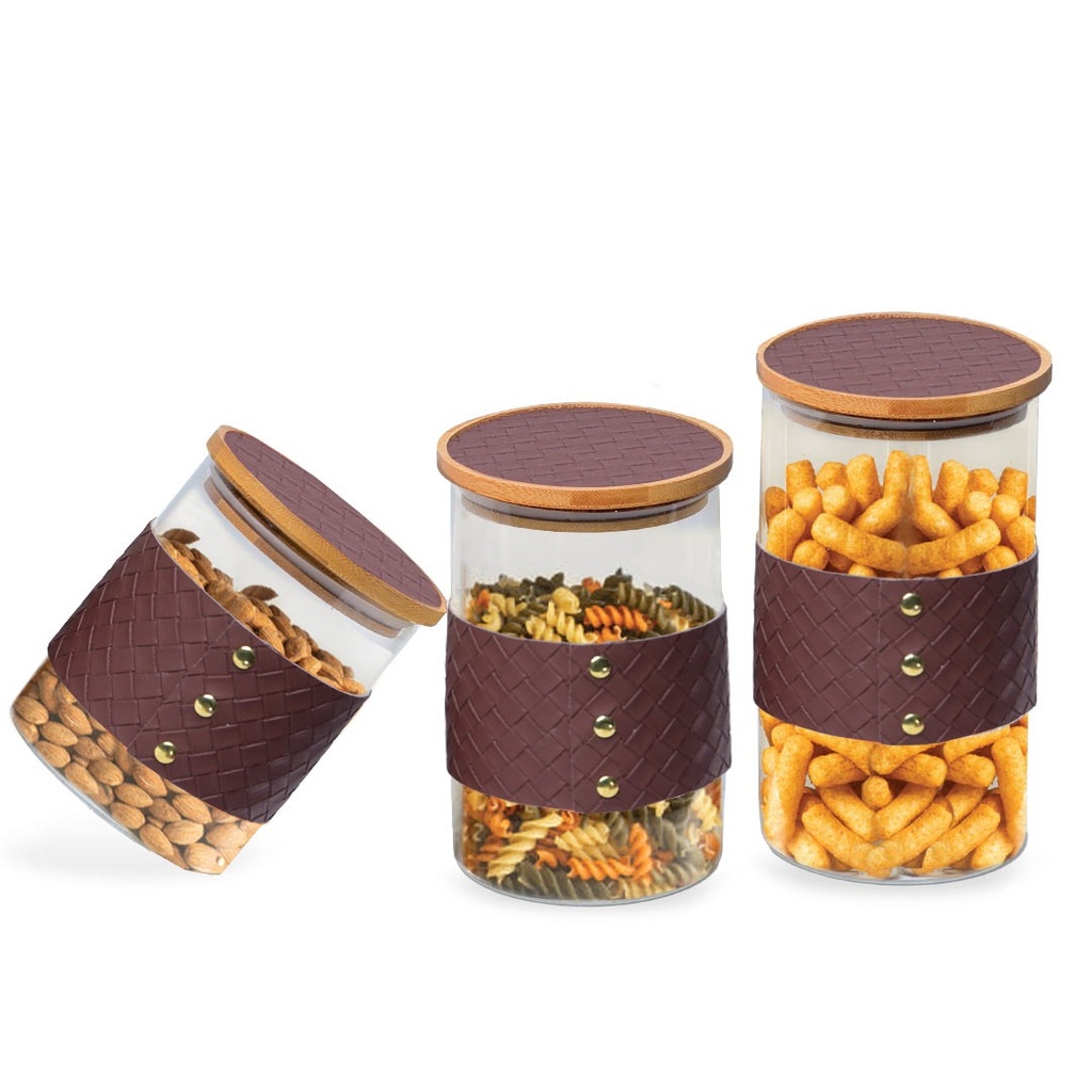 [AF1843-39] Lot de 3 Boite En verre avec Couvercle en Bois Bambou