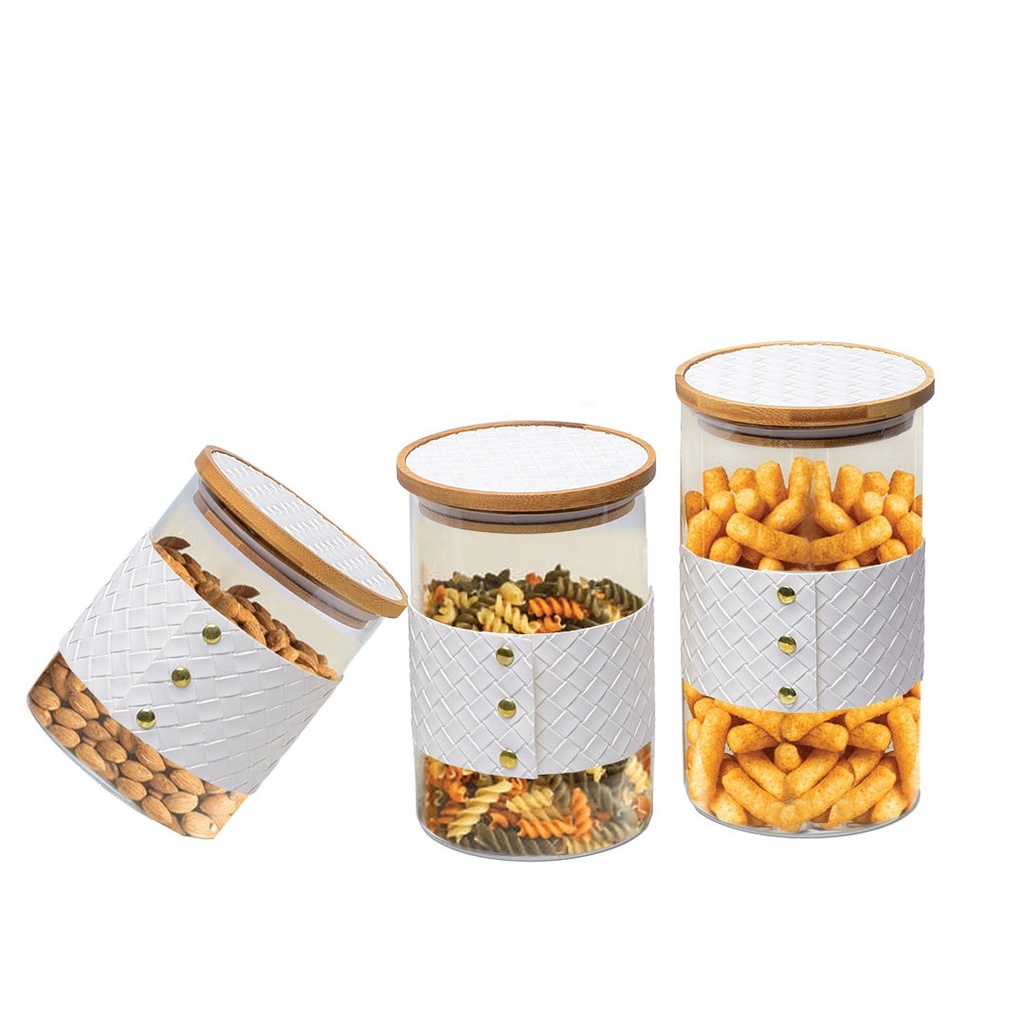 [AF1843-42] Lot de 3 Boite En verre avec Couvercle en Bois Bambou