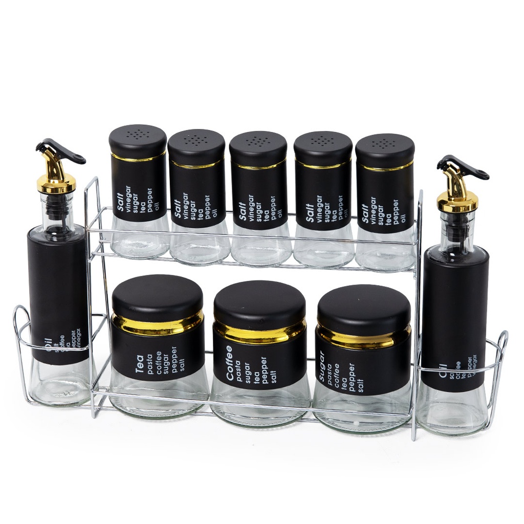Set Portes Épices 11 Pièces En Verre Avec Support - Noir