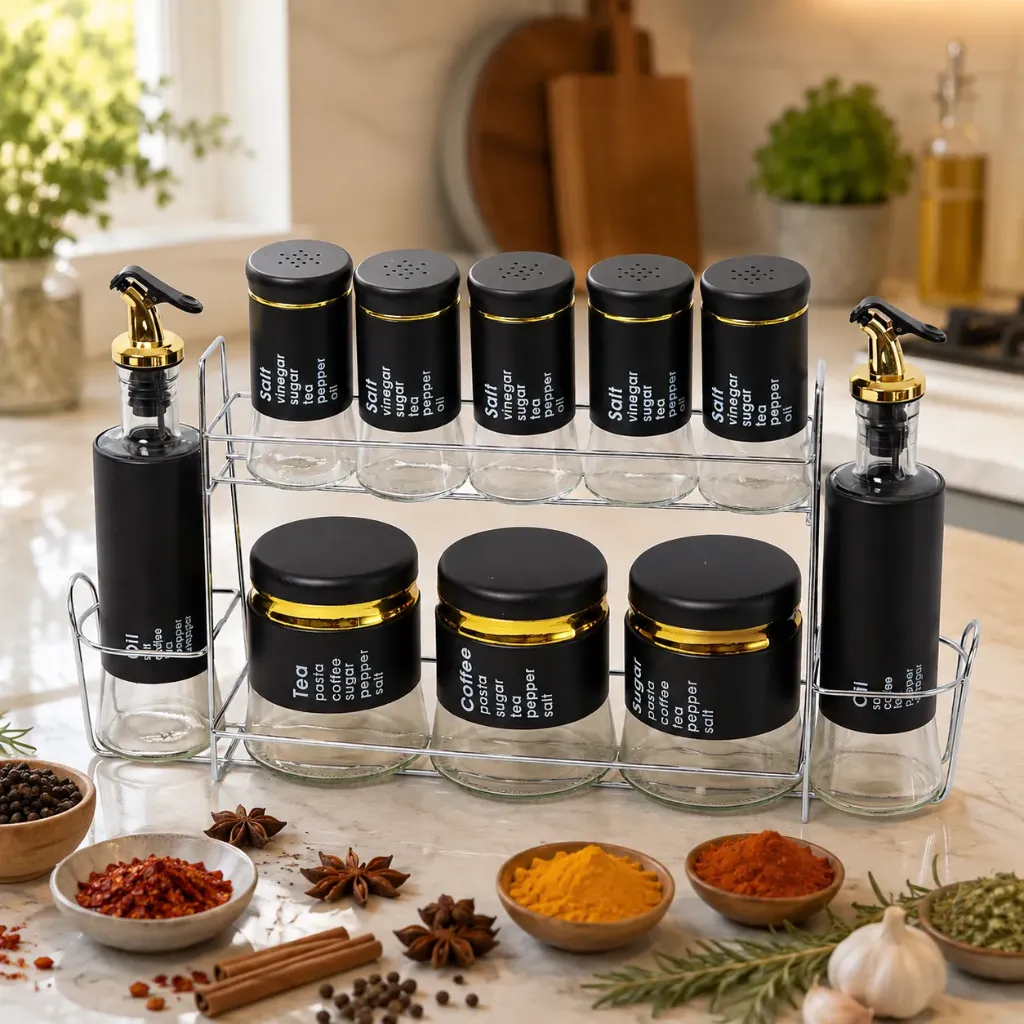 [FB10-3N] Set Portes Épices 11 Pièces En Verre Avec Support - Noir
