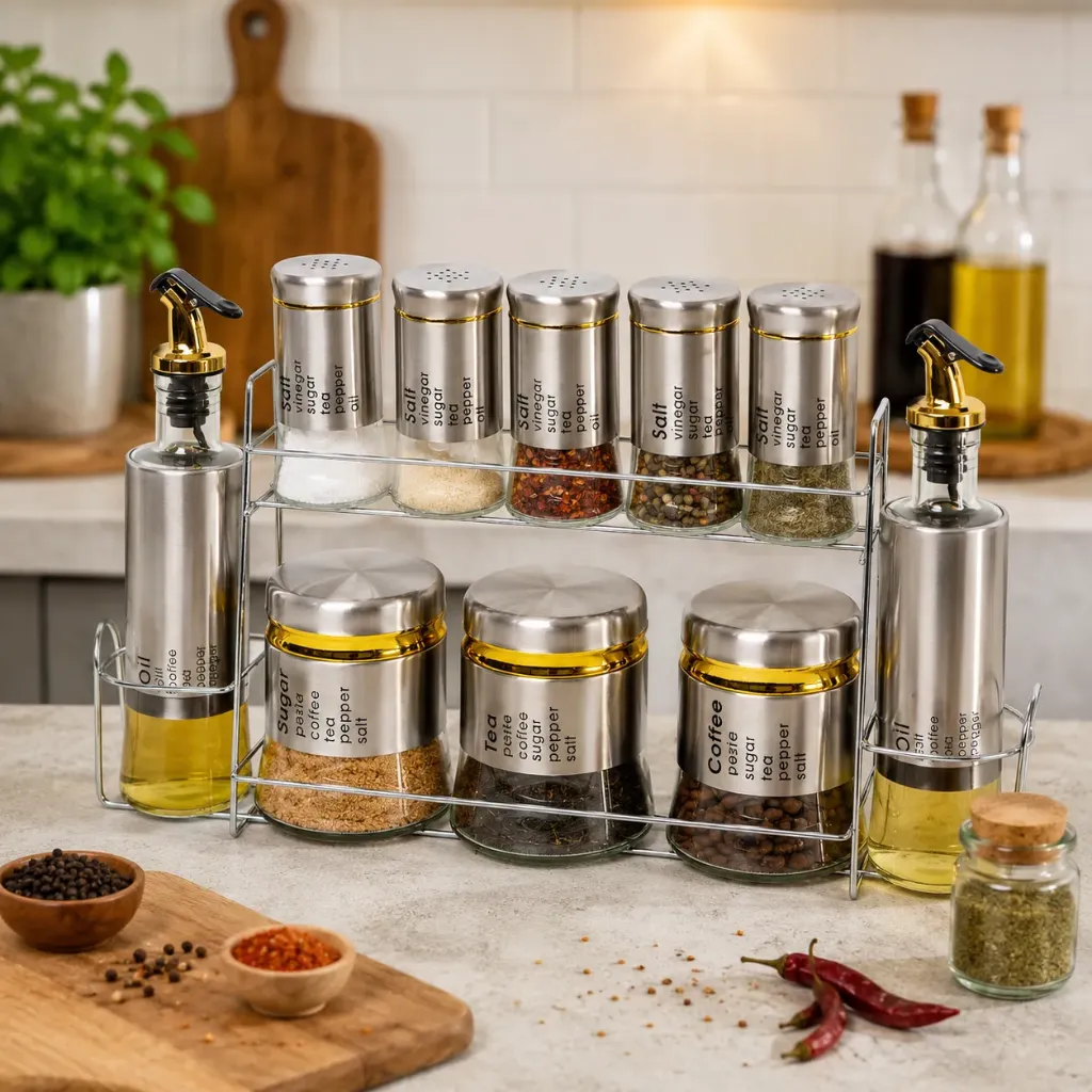 [FB10-3A] Set Portes Épices 11 Pièces En Verre Avec Support - Argent