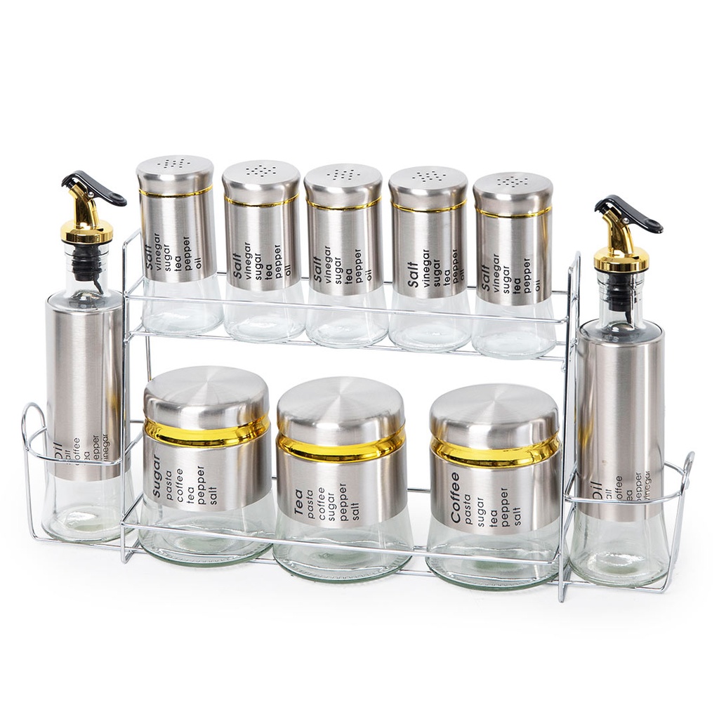 [FB10-3A] Set Portes Épices 11 Pièces En Verre Avec Support - Argent