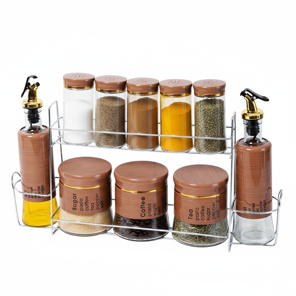 [FB10-2M] Set Portes Épices 11 Pièces En Verre Avec Support - Effet Bois Marron