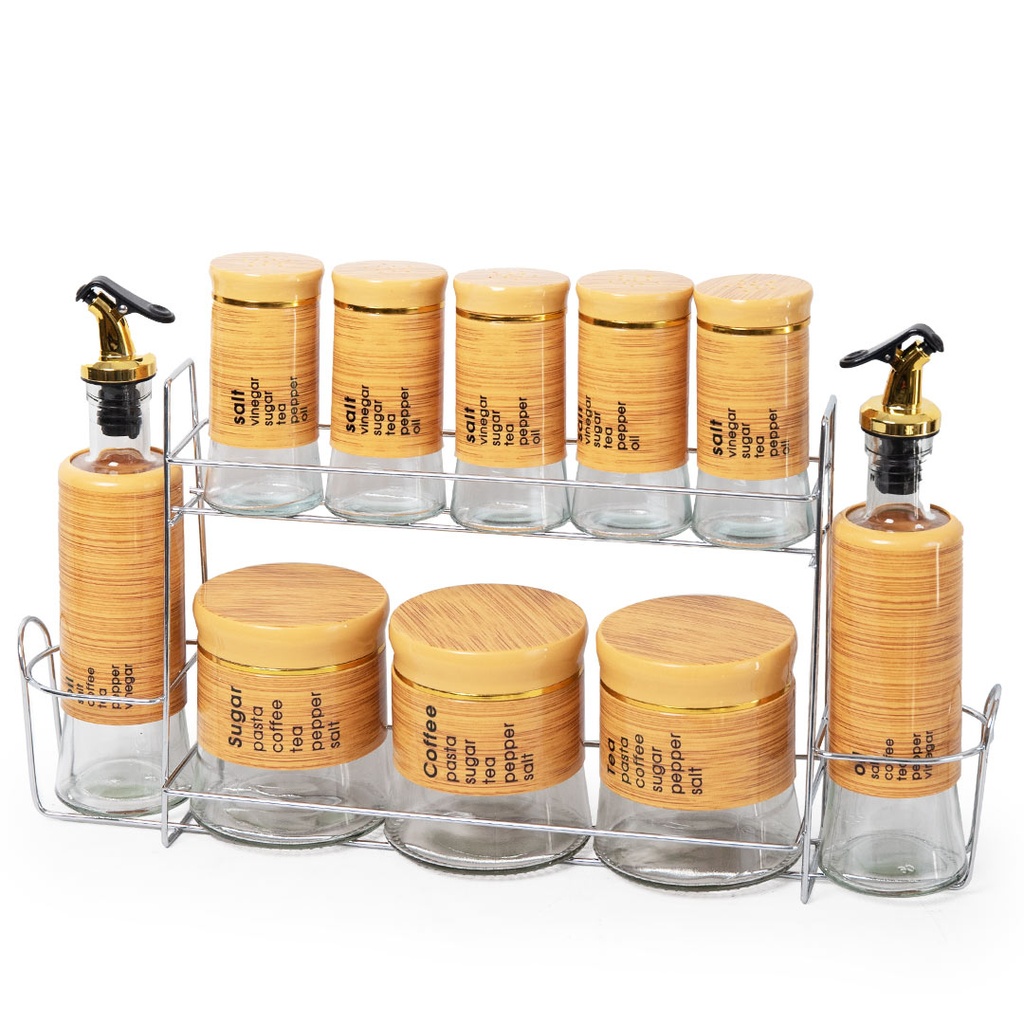 Set Portes Épices 11 Pièces En Verre Avec Support - Effet Bois Clair