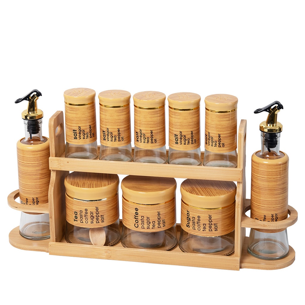 Set Portes Épices 11 Pièces En Verre Avec Support En Bois