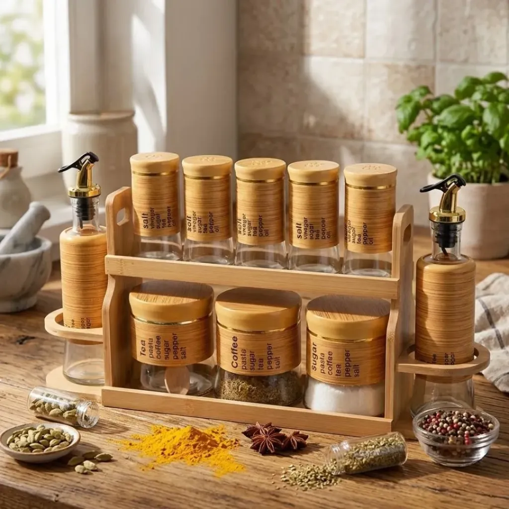 Set Portes Épices 11 Pièces En Verre Avec Support En Bois