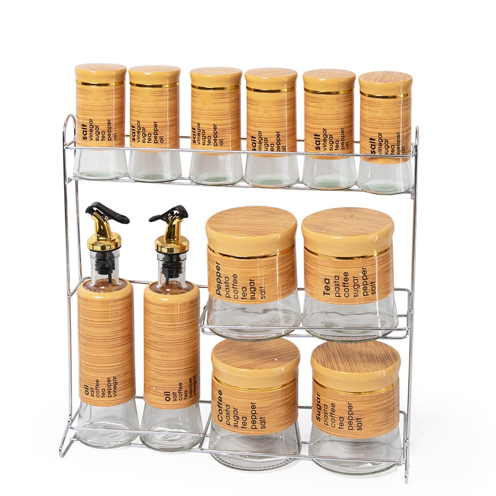 [FB10-7] Set Portes Épices 13 Pièces En Verre Avec Support Effet Bois