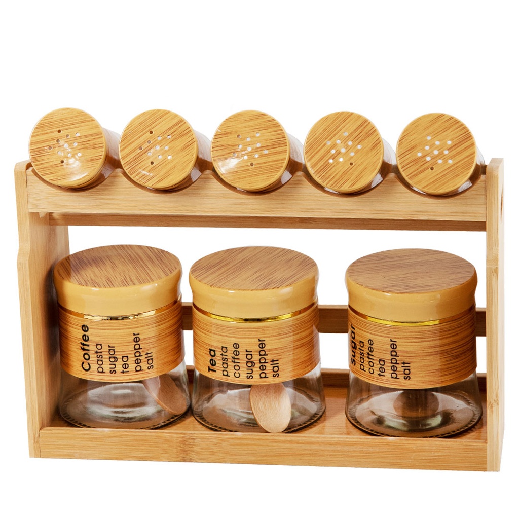 Set Portes Épices 9 Pièces En Verre Avec Support En Bois