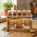 Set de 9 Pots à Épices en Verre avec Support en Bois
