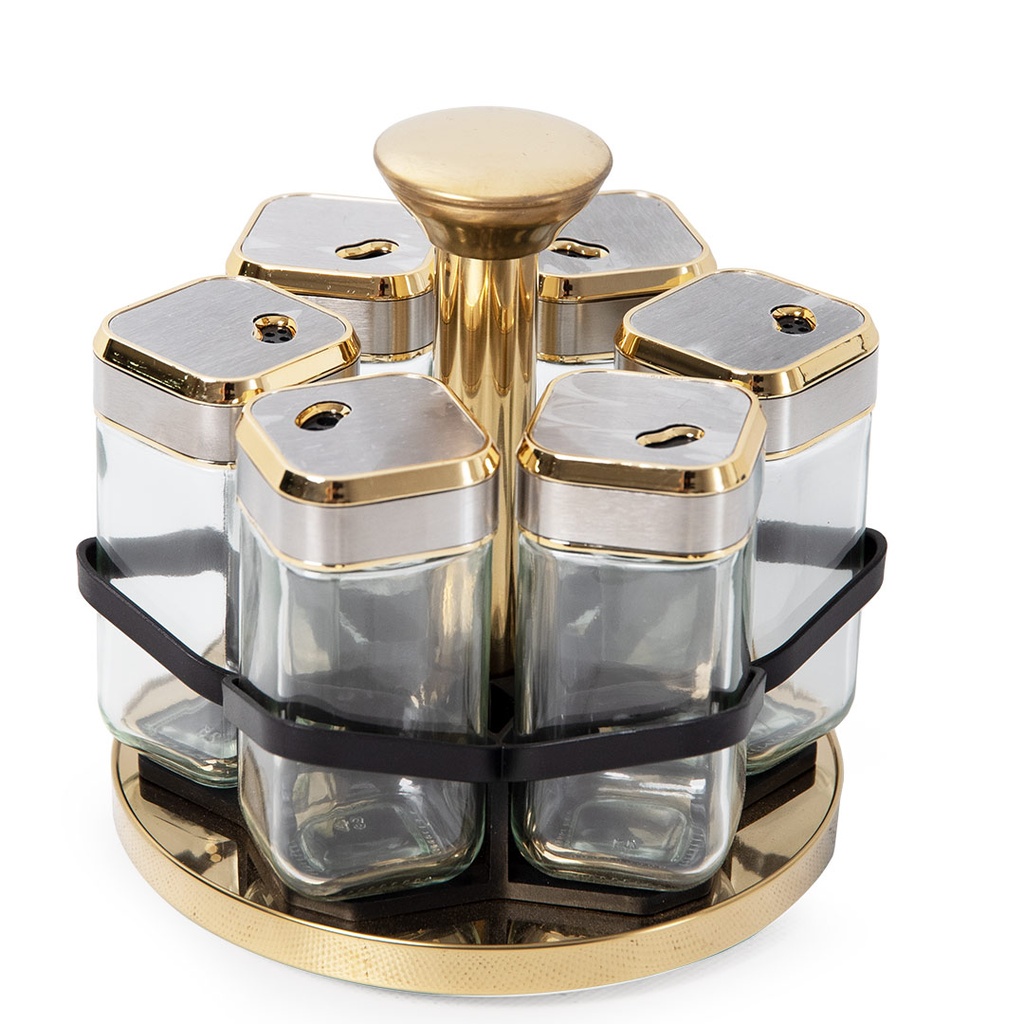 [FB10-10] Set Portes Épices 6 Pièces En Verre Avec Support Tournante Argent