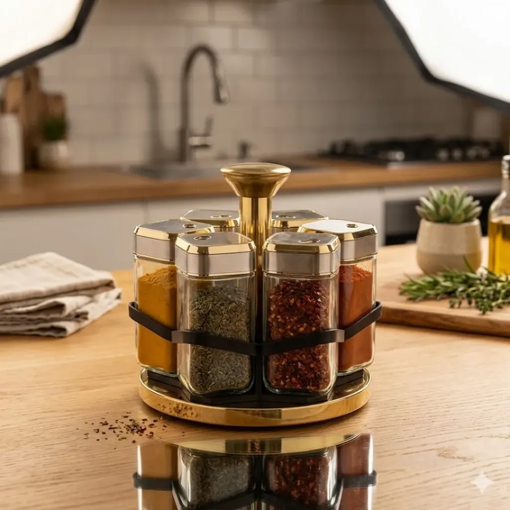 [FB10-10] Set Portes Epices En Verre Avec Support 6 Pièces- Argent