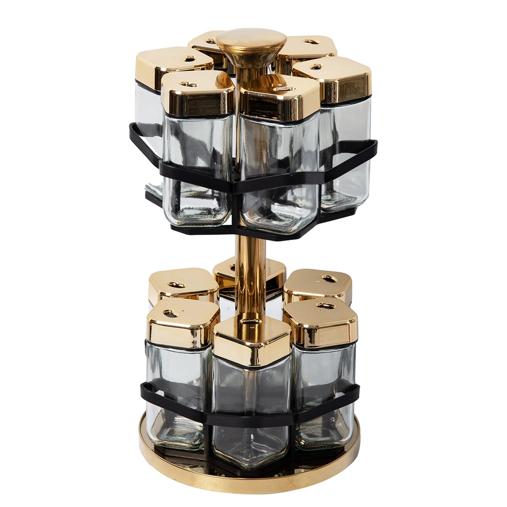 Set Portes Épices 12 Pièces En Verre Avec Support Tournante Doré