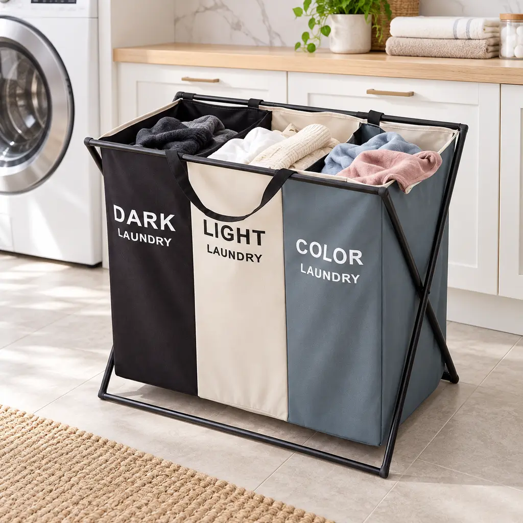 [Z-08] Panier A Linge Pour Vêtements- 3 Compartiments