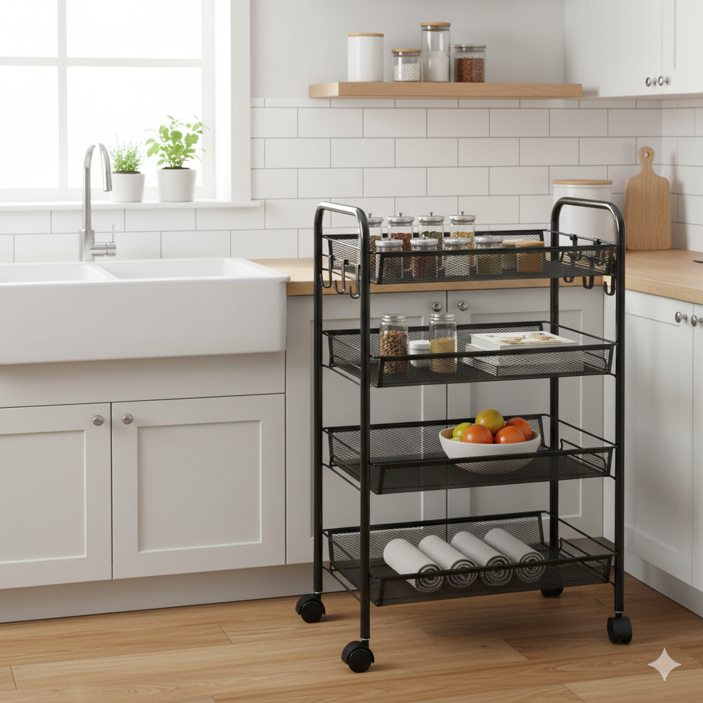 Chariot de Rangement De Cuisine En Métal Mobile à 4 Niveaux