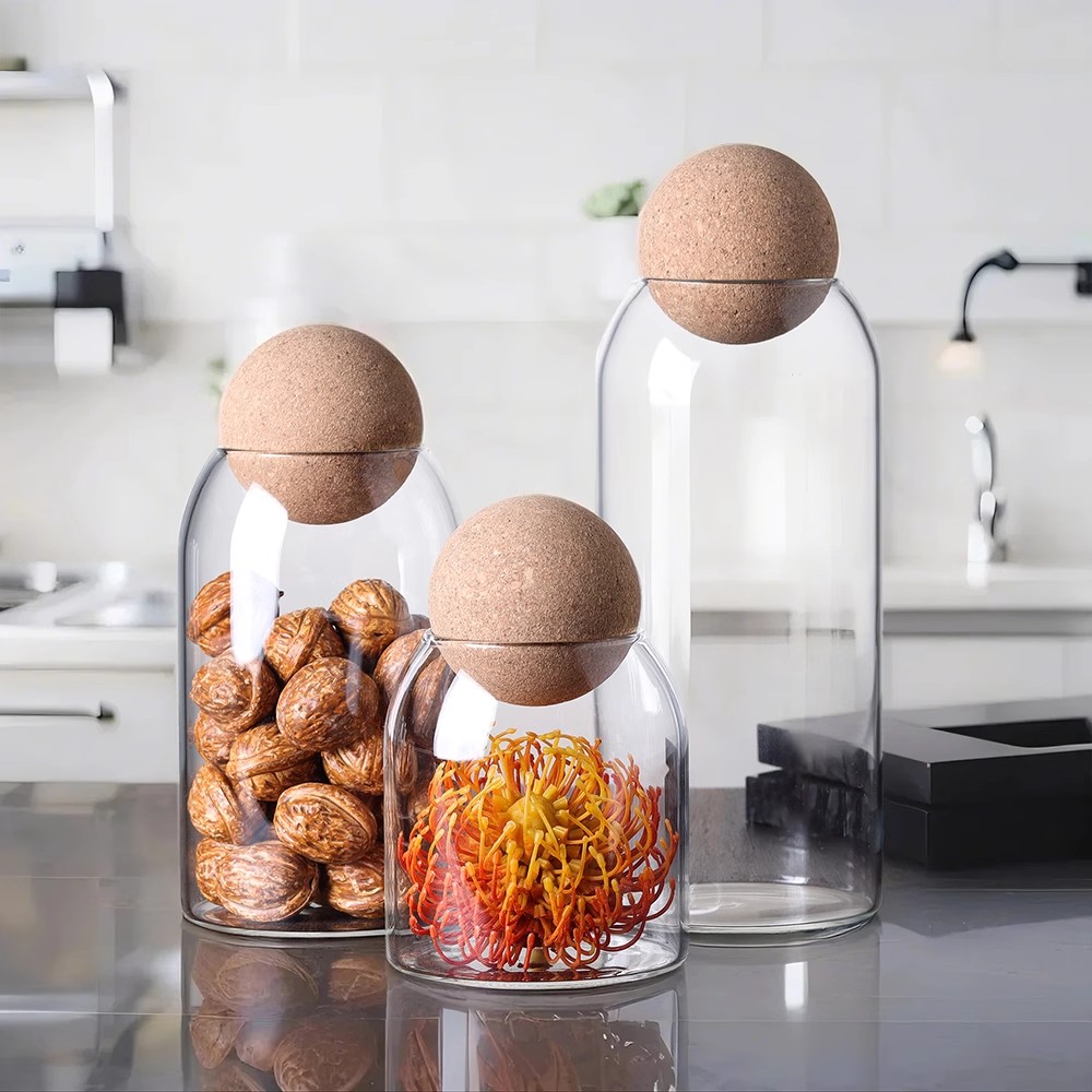 Lot de 3 Boite En verre avec Couvercle en Bois Bambou