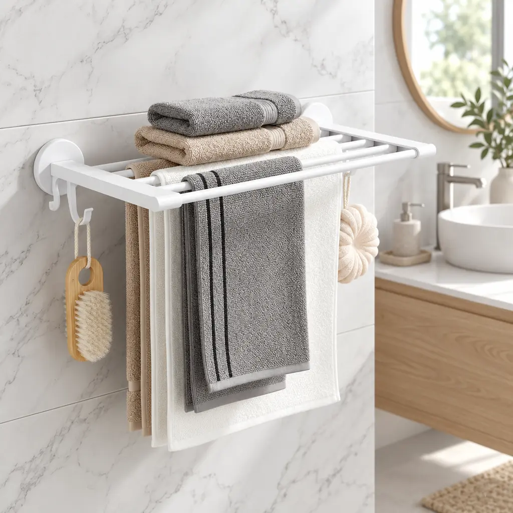 Porte Serviette Mural De Salle de Bain - Adhésif - Blanc