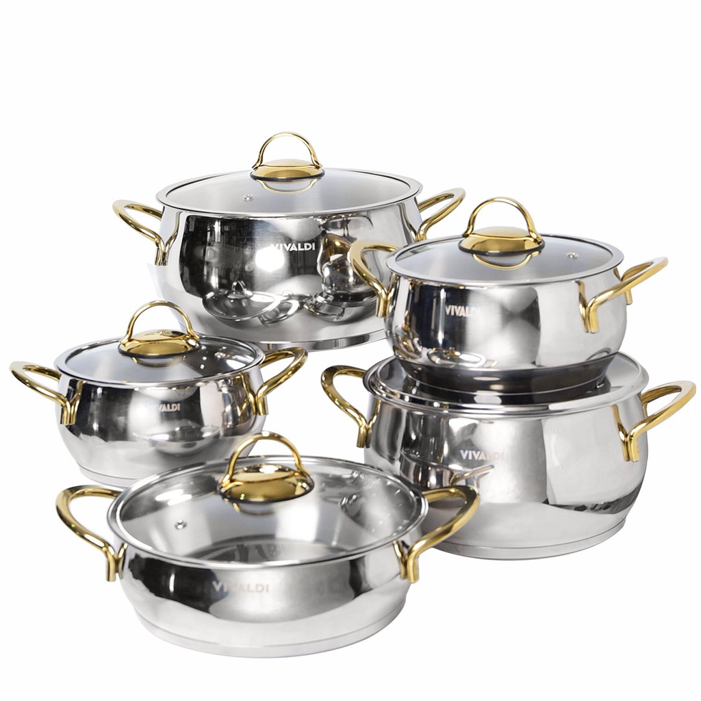 [WHM-1744D] Batterie De Cuisine Vivaldi Rana 10 pieces En Inox 18/10 Doré