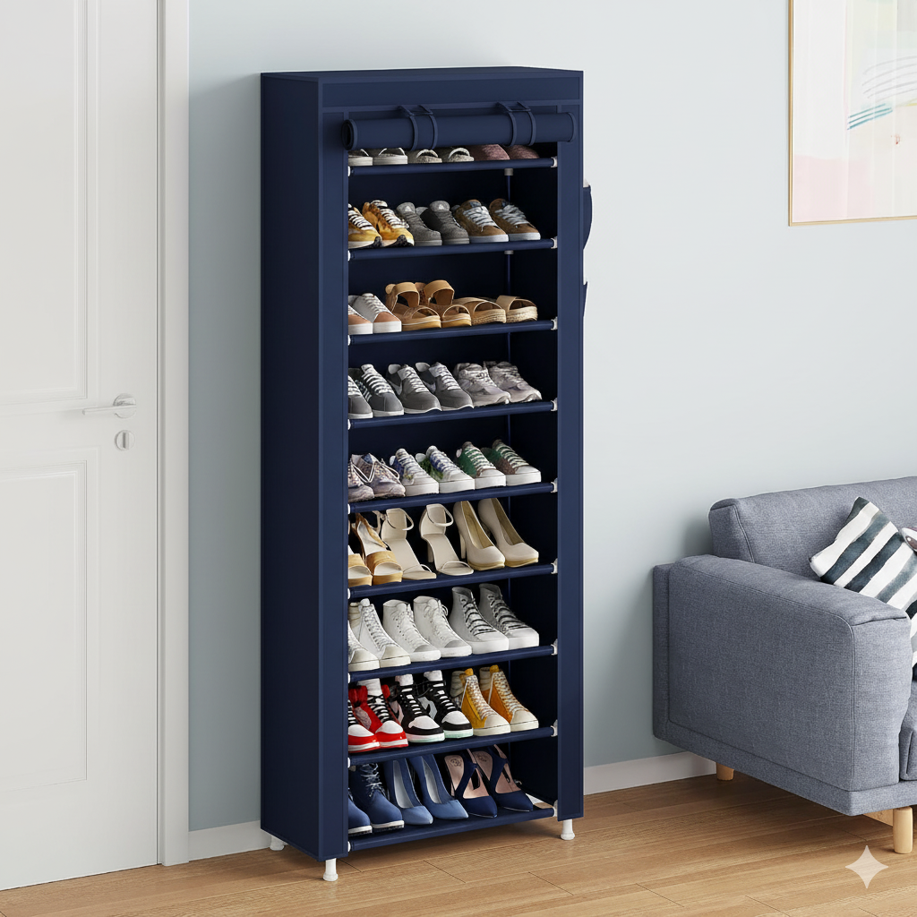 Armoire Chaussures Mobile à 9 niveaux - Bleu - 58x30x158
