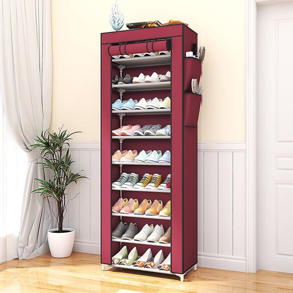 Armoire Chaussures Mobile à 9 niveaux - Rouge- 58x30x158