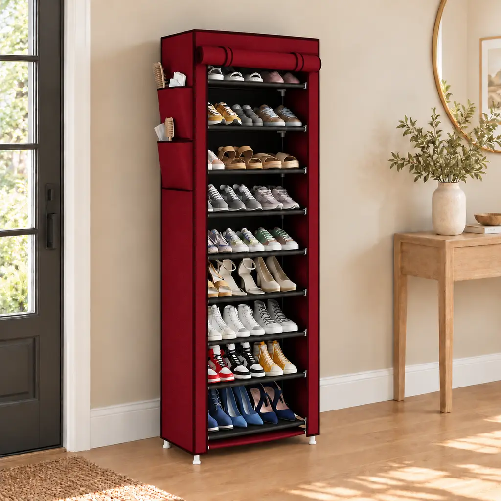 Porte Chaussures- 9 Etagères - Rouge - 58 x 30 x 158 cm