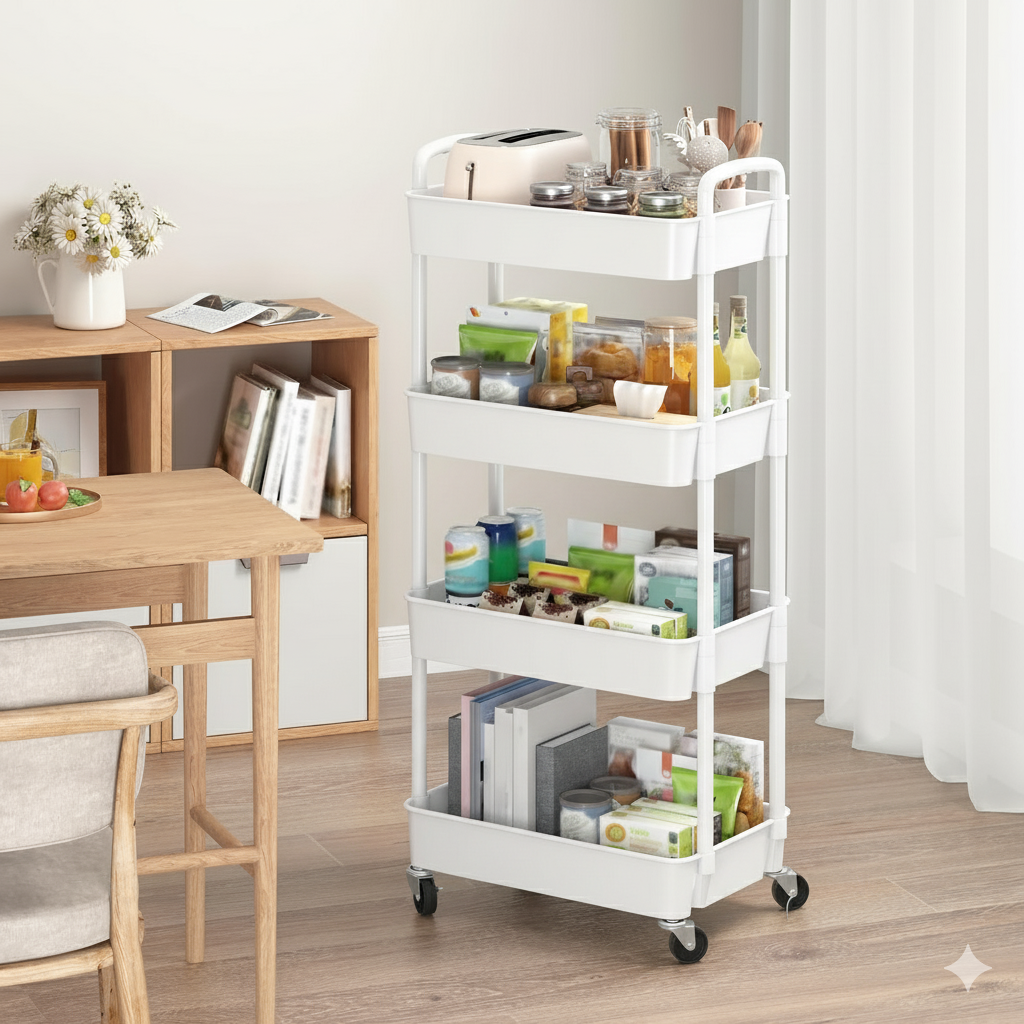 [RAN-4TBL] Chariot de Rangement De Cuisine Mobile à 4 Niveaux - Blanc