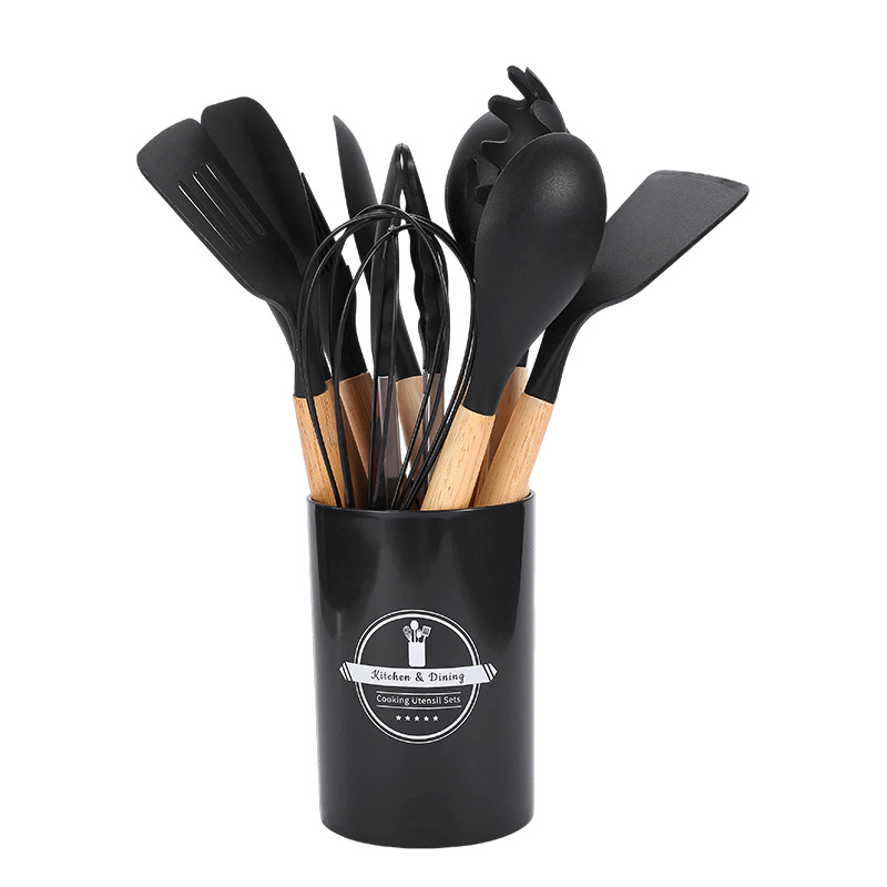 Set D'ustensiles De Cuisine 12 Pièces En Silicone Noir