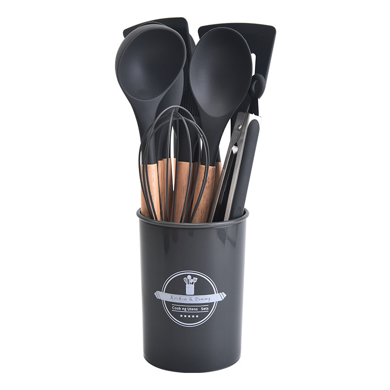 Set D'ustensiles De Cuisine 12 Pièces En Silicone Gris Charbon