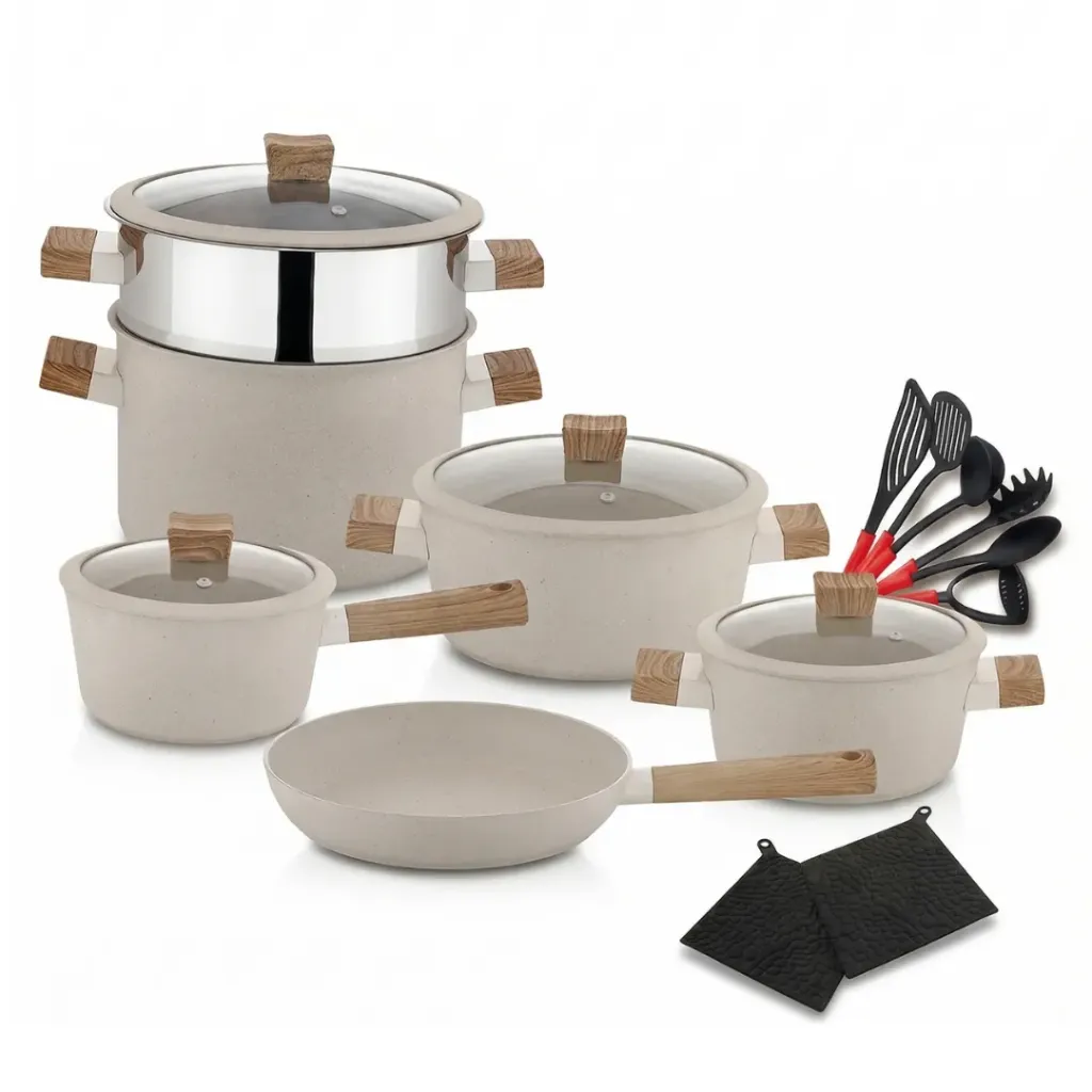 [SAI-18G-B] Batterie de Cuisine 18 Pièces Granite Hascevher - Beige