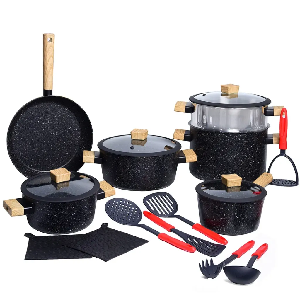 [SAI-18G-N] Batterie de Cuisine 18 Pièces Granite Hascevher - Noir