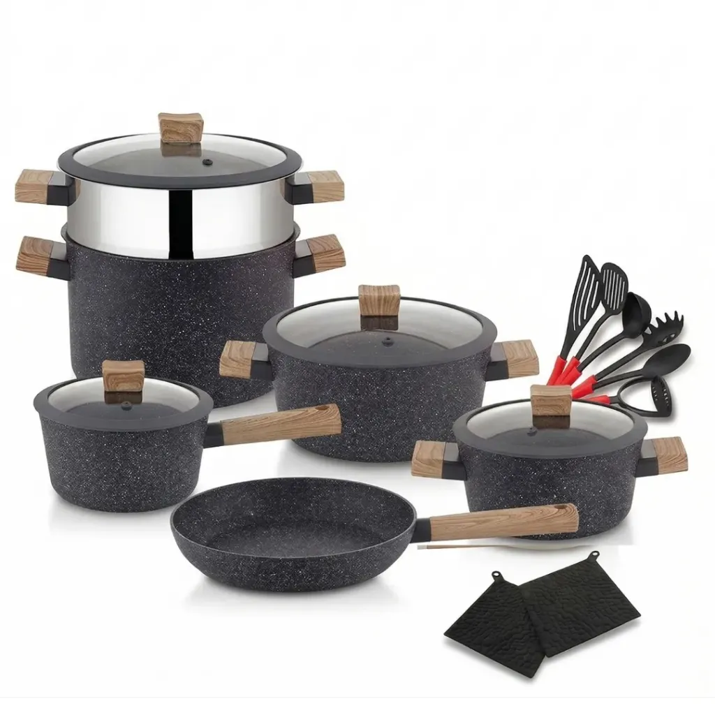 [SAI-18G-N] Batterie de Cuisine 18 Pièces Granite Hascevher - Noir