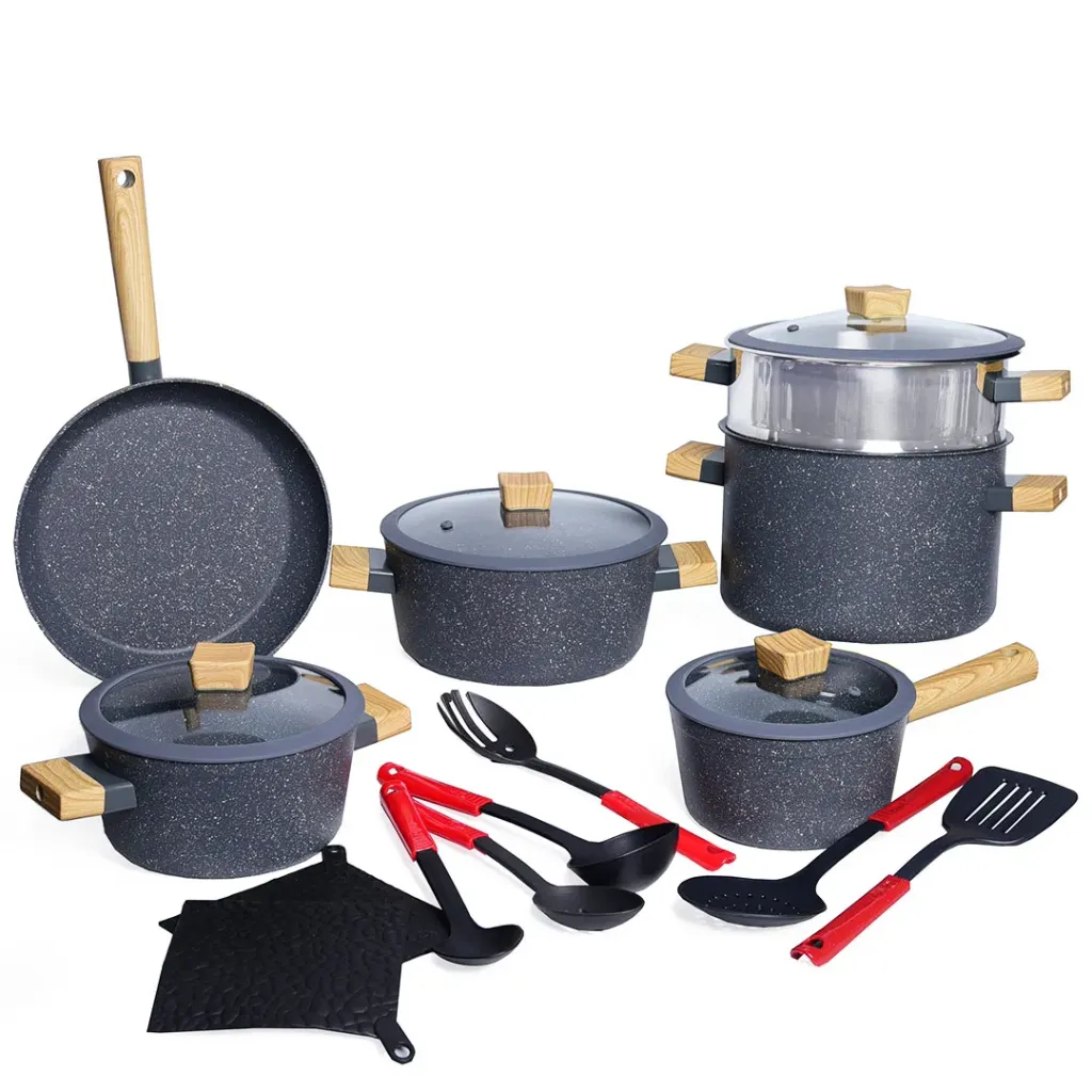 [SAI-18G-G] Batterie de Cuisine 18 Pièces Granite Hascevher - Gris