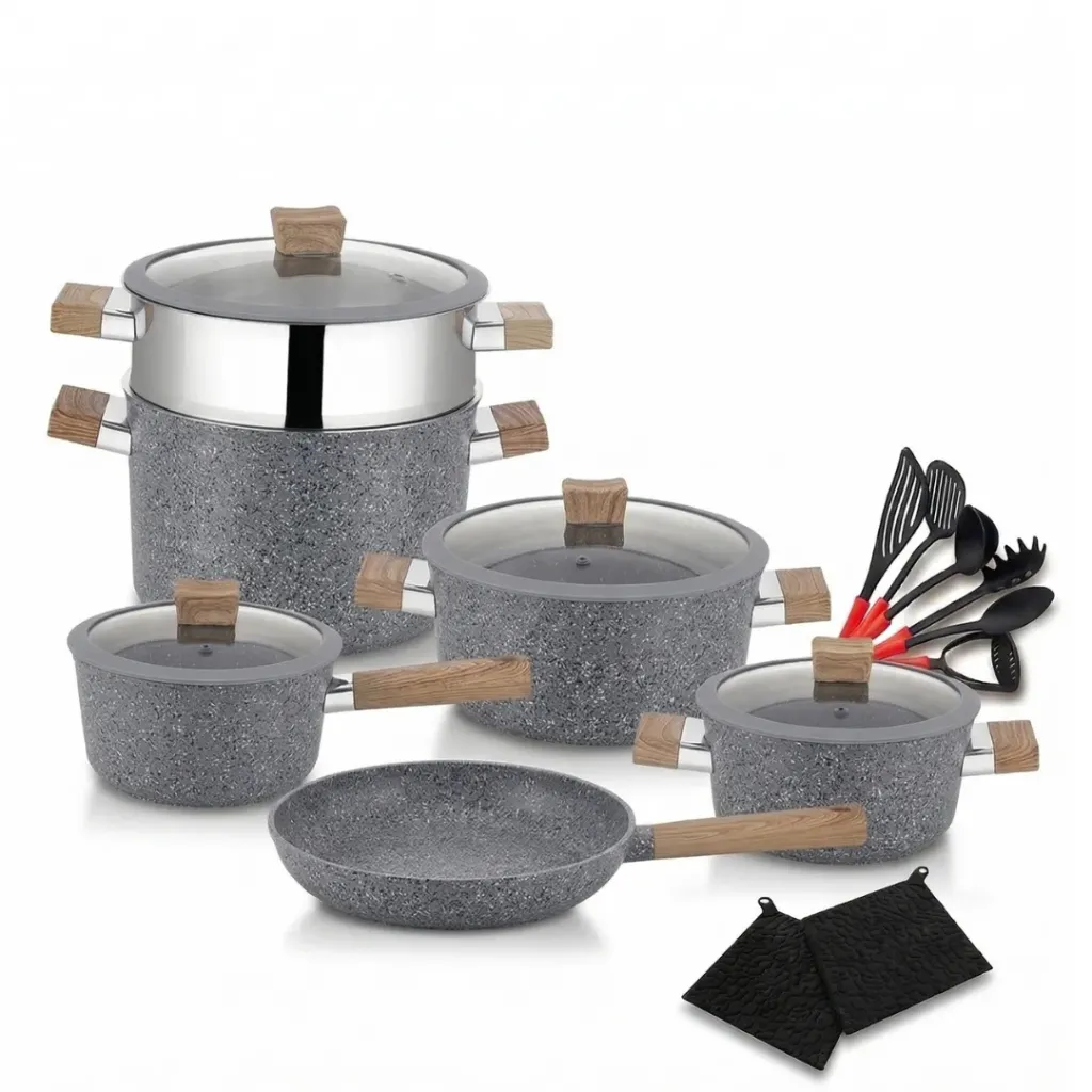 [SAI-18G-G] Batterie de Cuisine 18 Pièces Granite Hascevher - Gris
