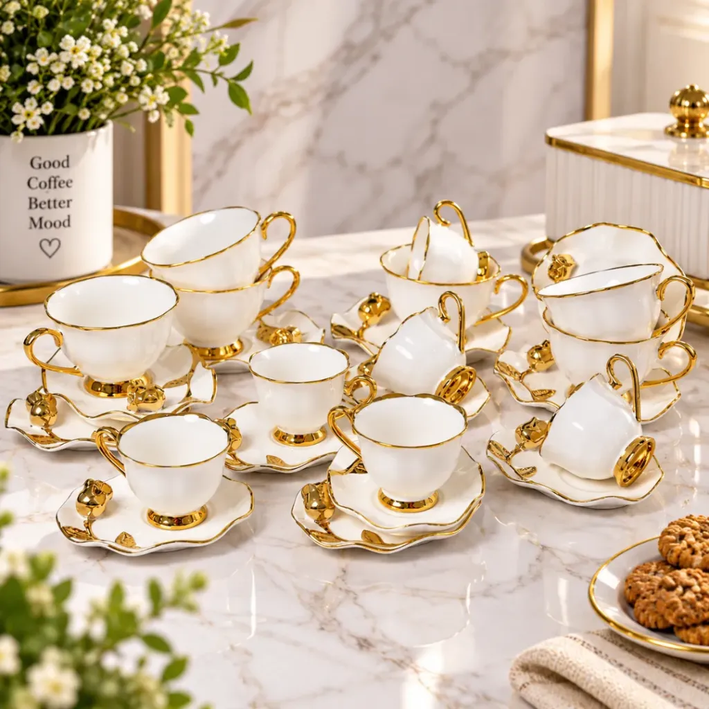 [SAI105-21-1] Service A Café 24 Pièces en Porcelaine Blanche - Motif Floral