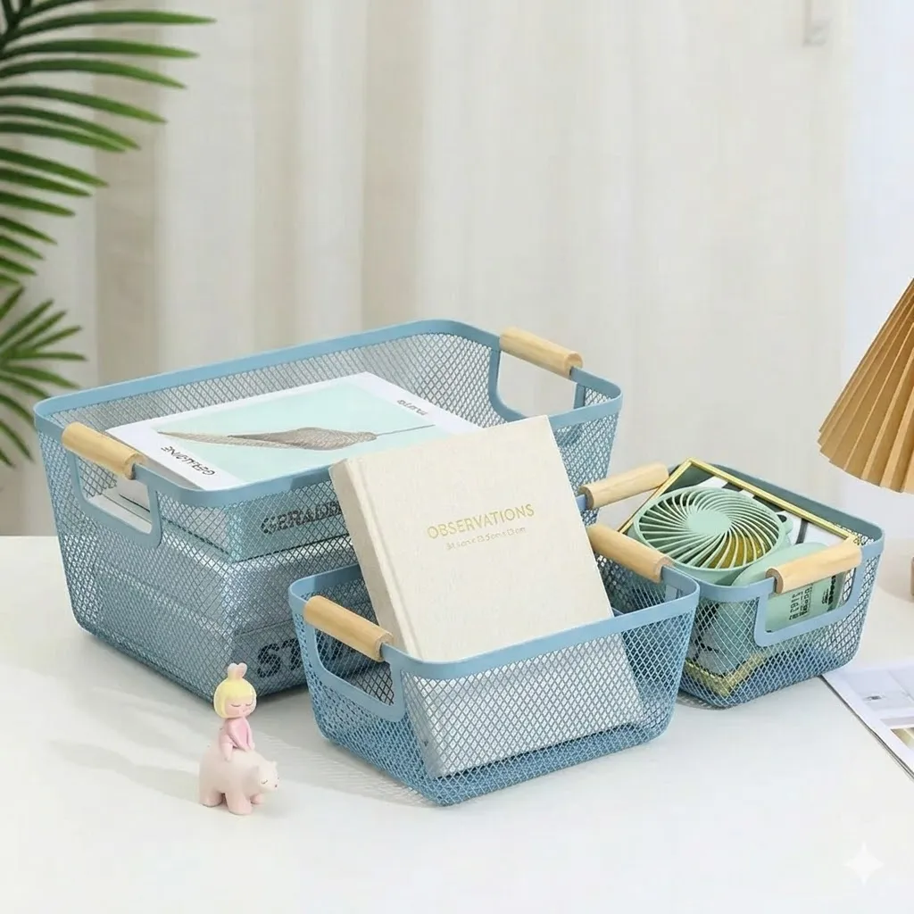 [WHM5-123-BL] Pack de 3 Paniers de Rangement en Métal - Bleu