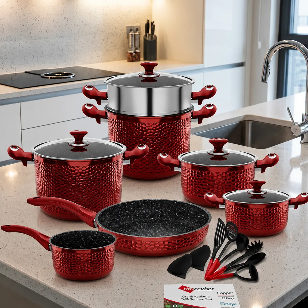 [SAI19CUI-M1] Batterie De Cuisine 19 Pièces Hascevher – Acier Inoxydable & Granit –Rouge