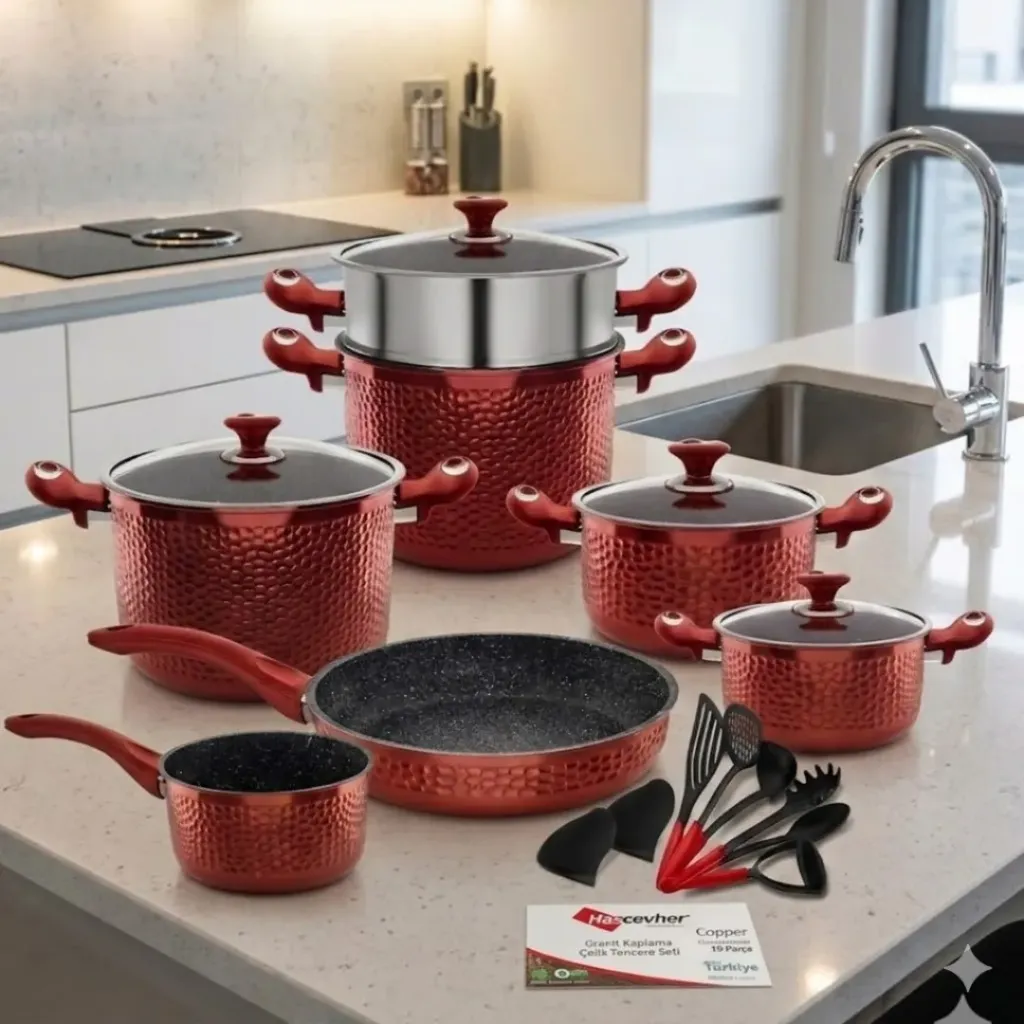Batterie De Cuisine 19 Pièces Hascevher – Acier Inoxydable & Granit –Rouge