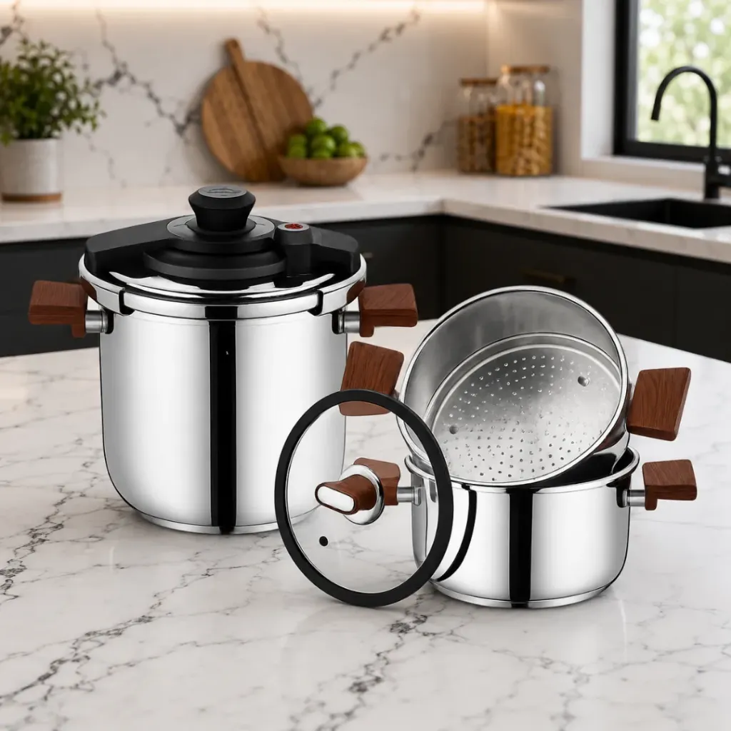 [FALEZ 6PM] Batterie De Cuisine FALEZ 6 Pièces En Inox 18/10 - Effet Bois