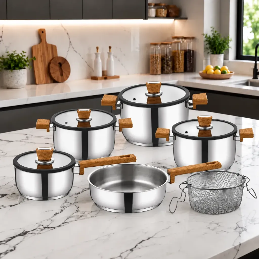 [FALEZ 10PM] Batterie De Cuisine FALEZ 10 Pièces En Inox 18/10 - Effet Bois