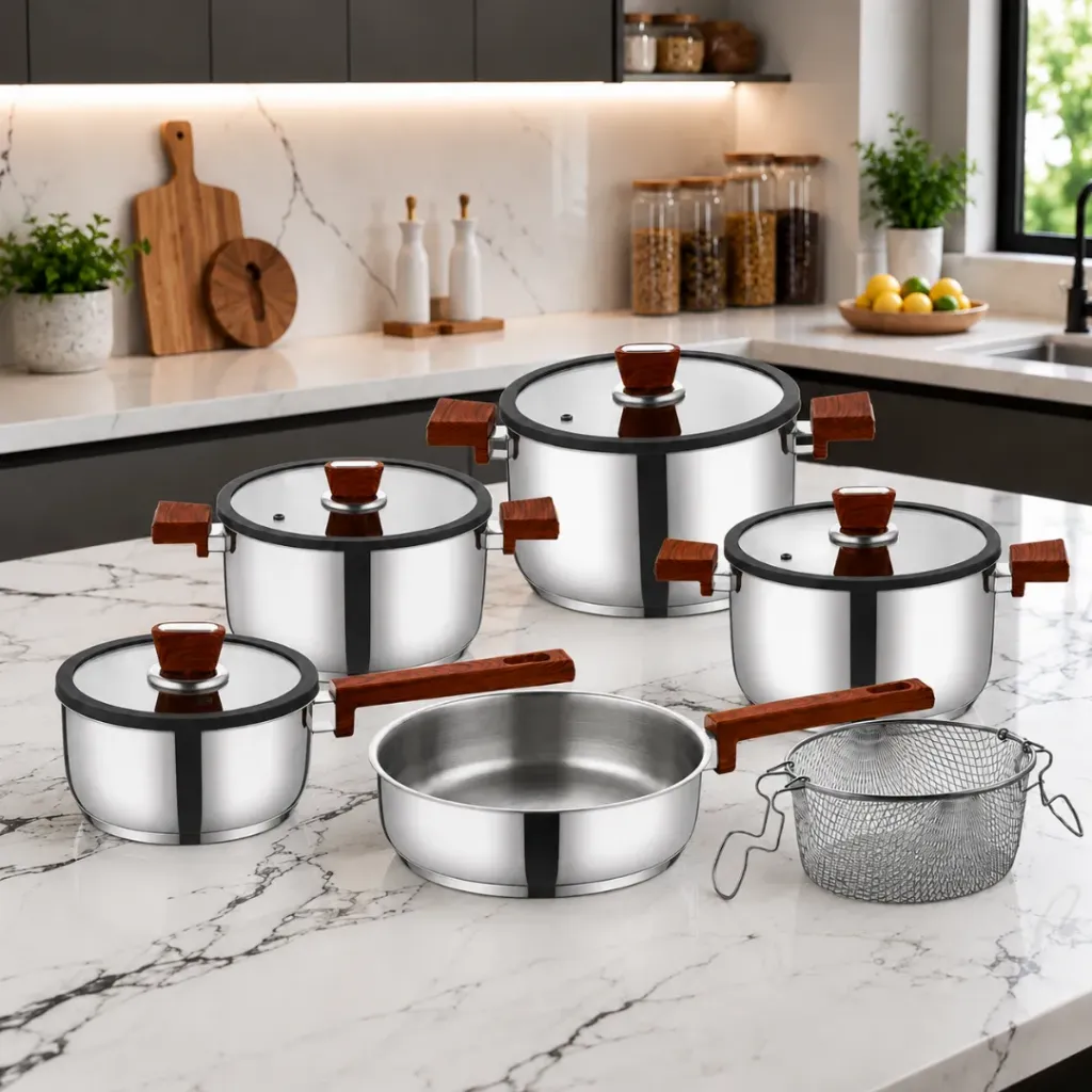 [FALEZ 10PM] Batterie De Cuisine FALEZ 10 Pièces En Inox 18/10 - Effet Bois
