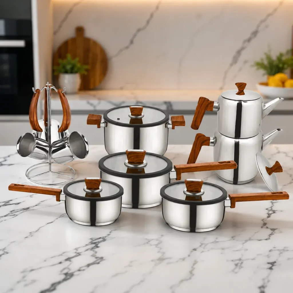 [FALEZ 16PM] Batterie De Cuisine FALEZ 16 Pièces En Inox 18/10 - Effet Bois