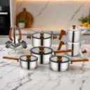 Batterie De Cuisine FALEZ 16 Pièces En Inox 18/10 - Effet Bois