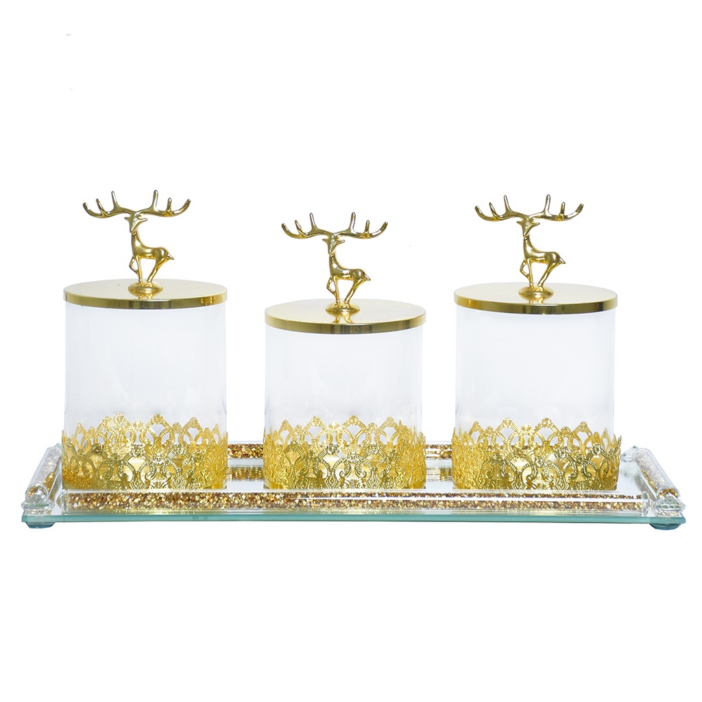 [BC107] Raffinement Doré "Ensemble de 3 Pots en Verre avec Plateau Miroir"
