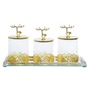 Raffinement Doré "Ensemble de 3 Pots en Verre avec Plateau Miroir"