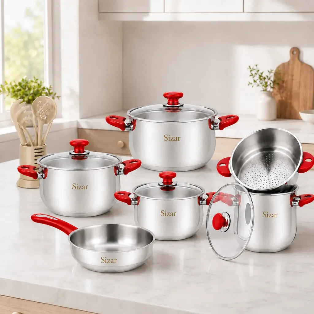 [SZR17P-R] Batterie De Cuisine Sizar 17 Pièces En Inox 18/10 - Rouge