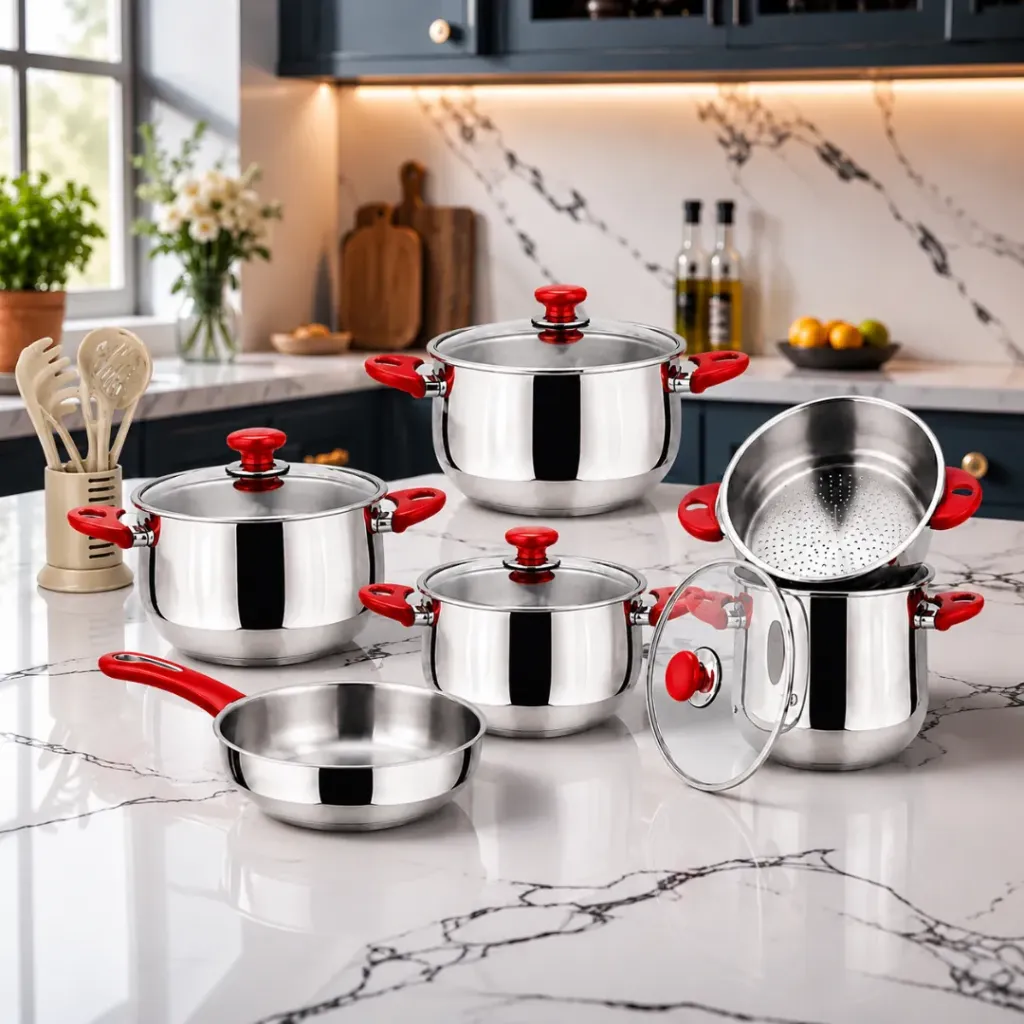 [SZR17P-R] Batterie De Cuisine Sizar 17 Pièces En Inox 18/10 - Rouge