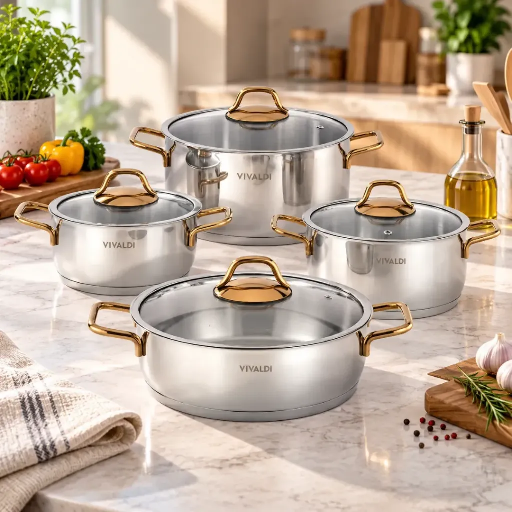 [WHM-1604-D] Batterie De Cuisine En Inox 18/10-Vivaldi Sedef 8 Pièces - Doré
