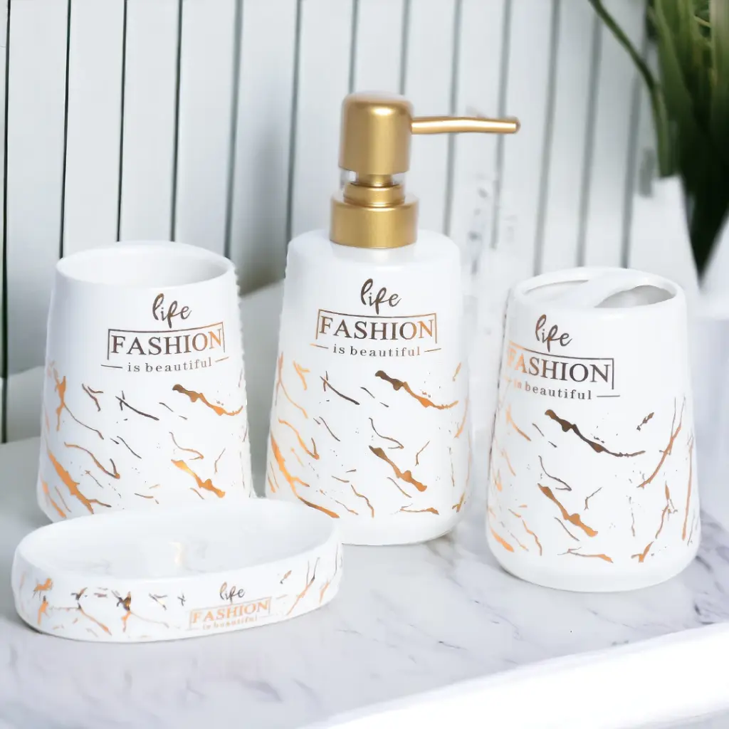 Accessoires de salle de bain en céramique Blanc Marbré Doré